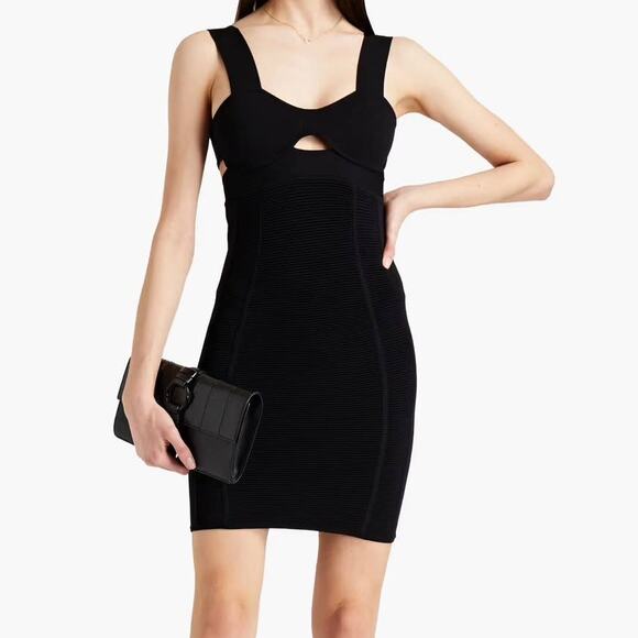 Herve Leger NWT Strappy Bra Mini Bodycon Dress Black Size L Cutout Ribbed Knit - Picture 1 of 14